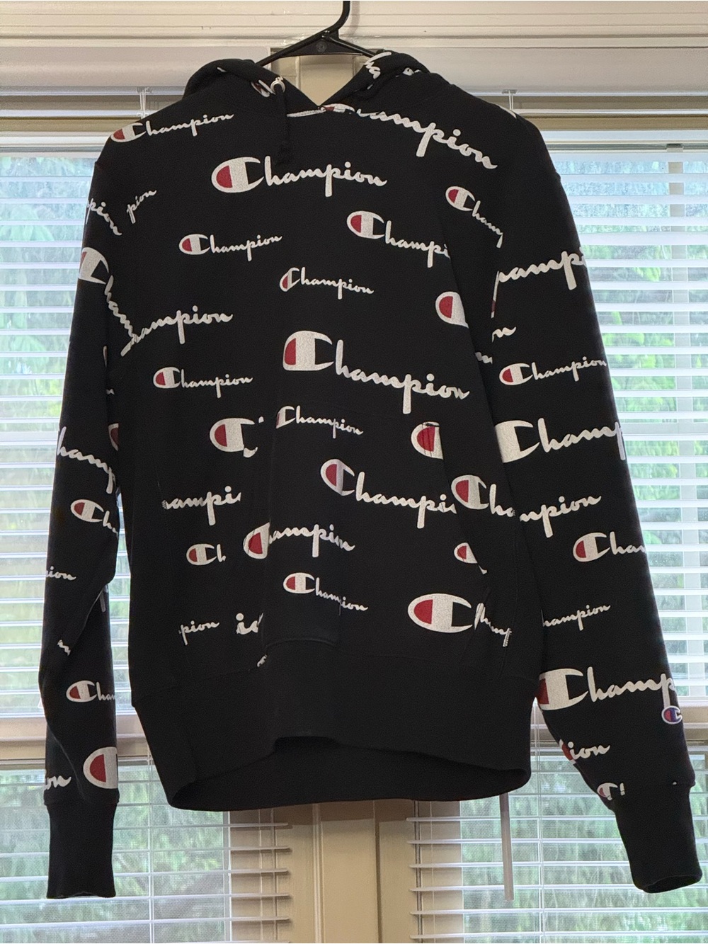 Champion Black Hoodie with White Script and Red Logos